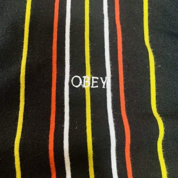 OBEY Polo Shirt Brick Lane Men’s XL Black Vertical Stripes Knitted - Picture 6 of 13